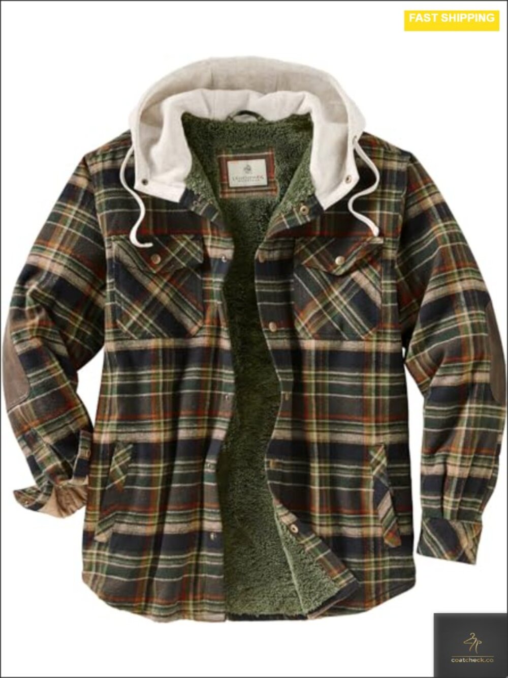 Men's Berber Lined Flannel Shirt Jacket Hooded Snap Quilted